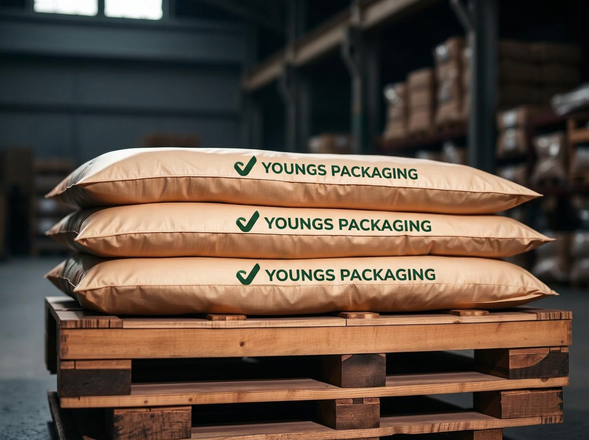 Branded compost bags on a wooden pallet