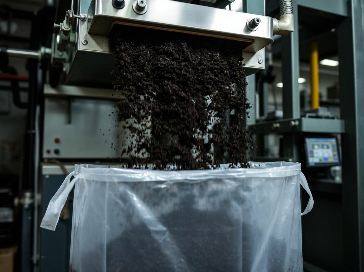 Automated bagging machine filling a sack
